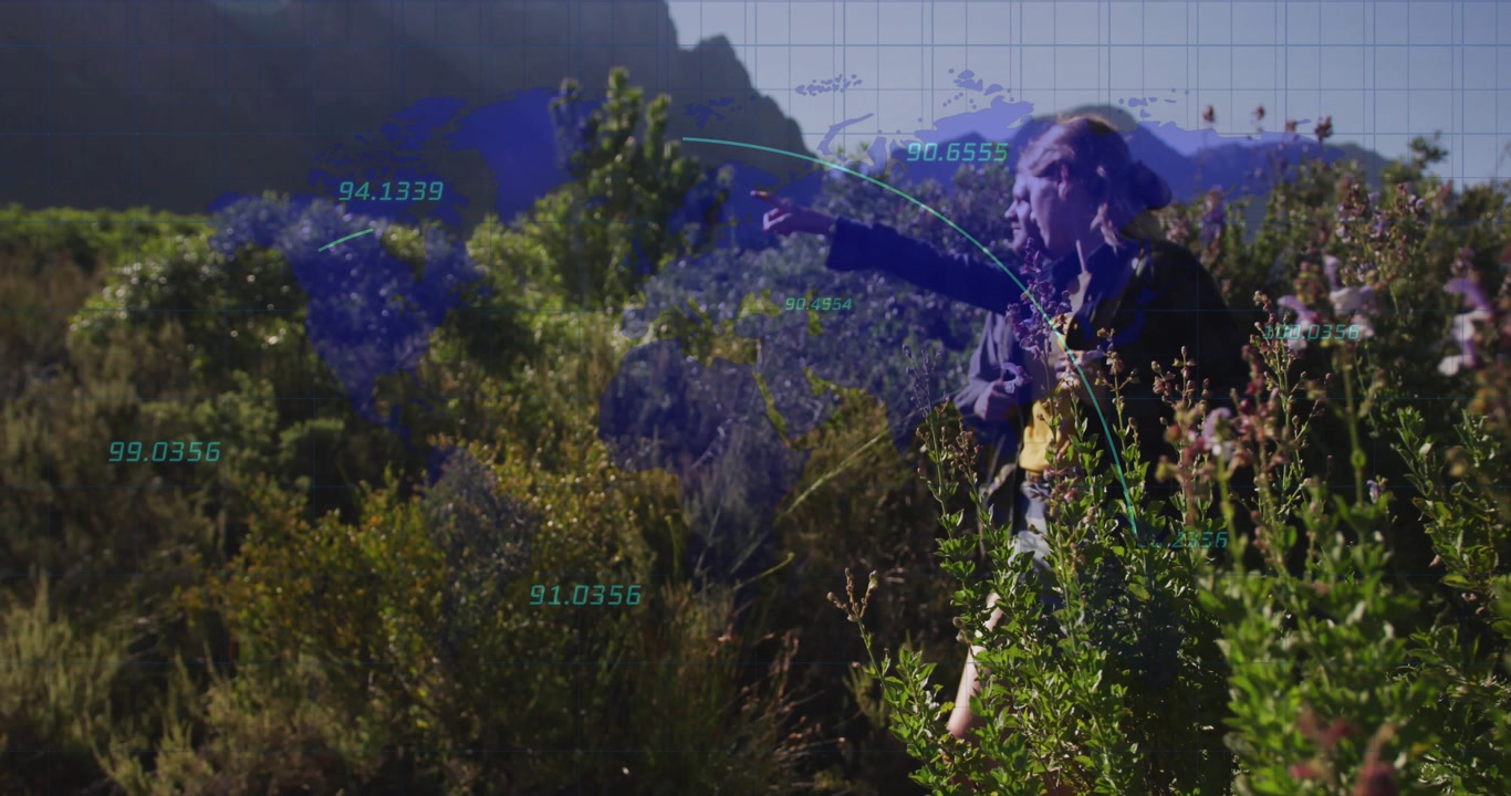 Researcher parting bushes lifting scope overlaying map pointing scanning foliage logging tech data
