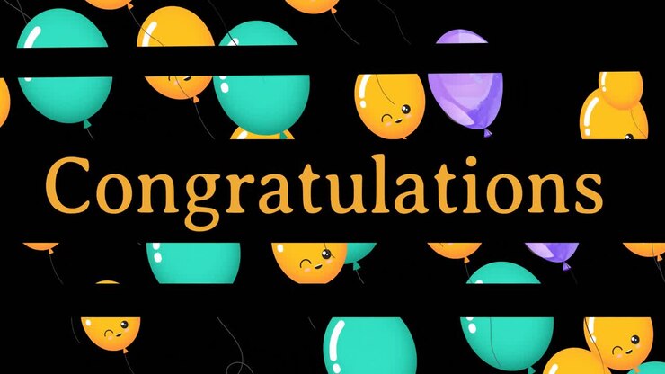 Animation of congratulations text over colorful balloons on black background