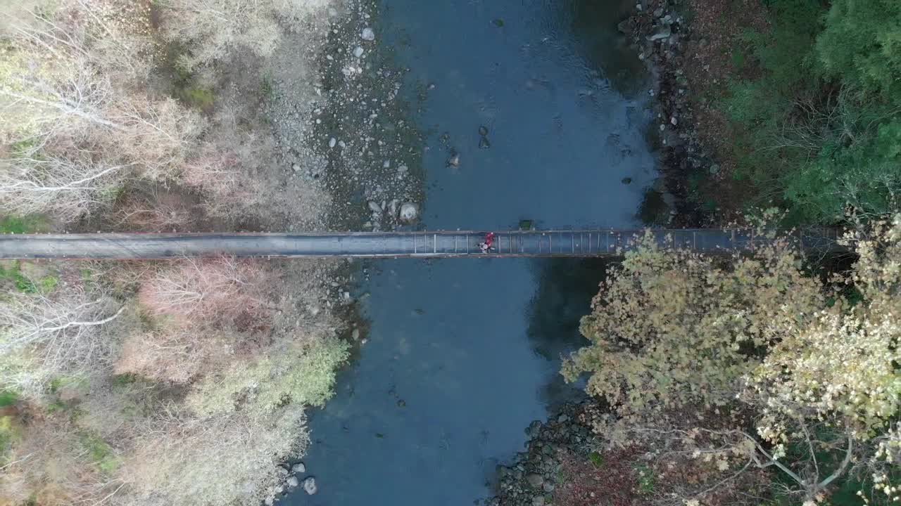 낮에 잔잔한 강 위의 오래된 다리를 걷는 사람들 - 공중 하향식