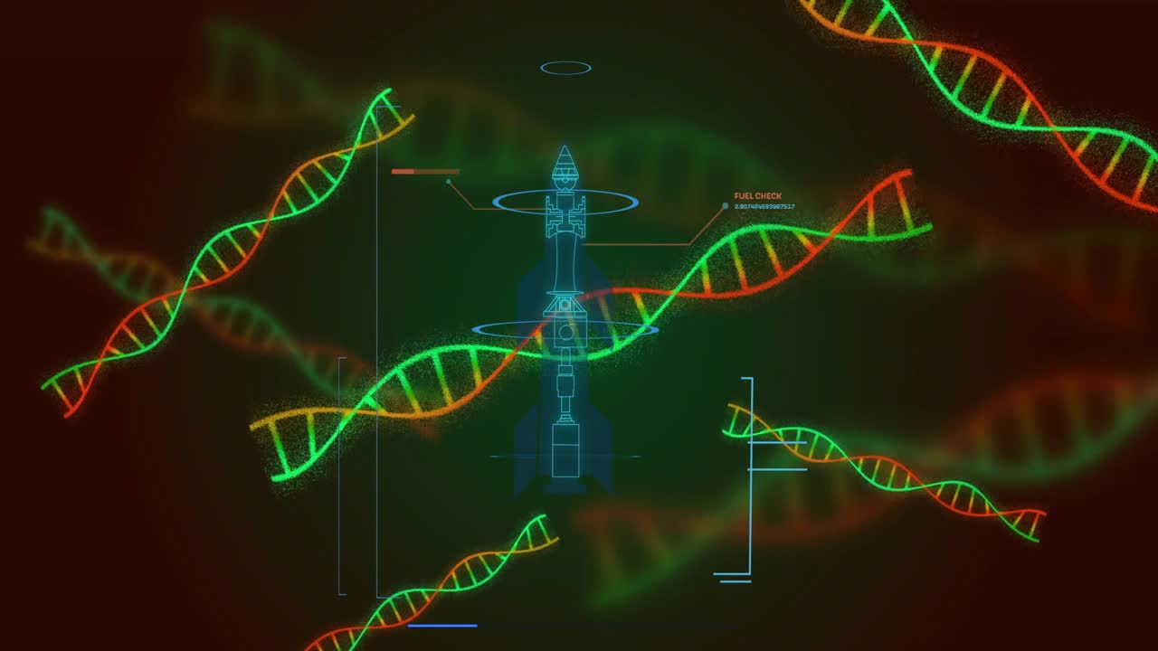 Starting red backdrop DNA helices drifting rocket emerging, ACCEL or FUEL CHECK sliding scales growi