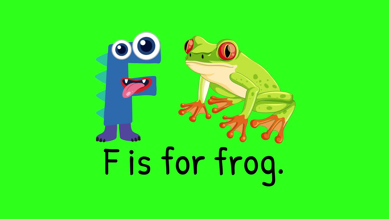 Bright animation with a playful character and frog, teaching the letter F on a green background
