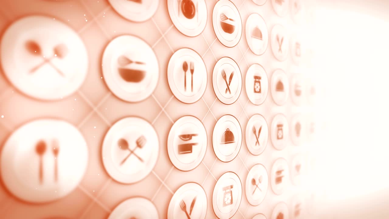 레스토랑 아이콘의 세트, 레스토랑 요리 장비 배경, cg 루프 애니메이션