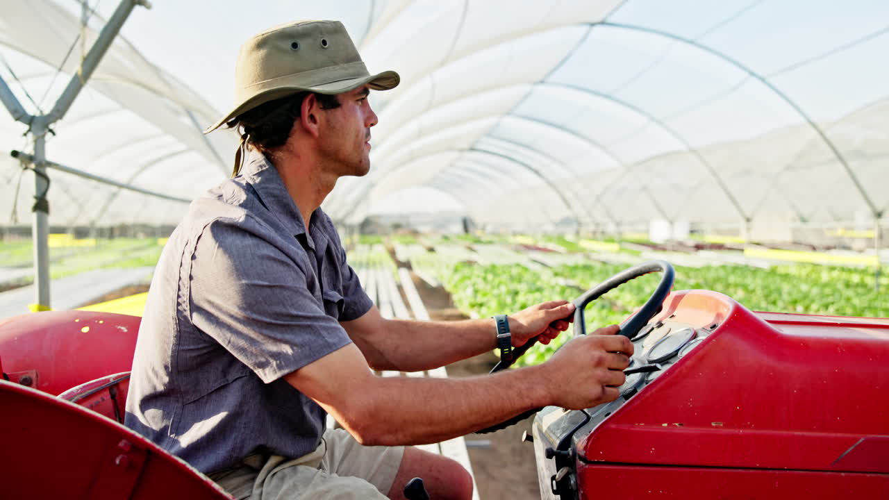 Farmer driving a tractor in a greenhouse