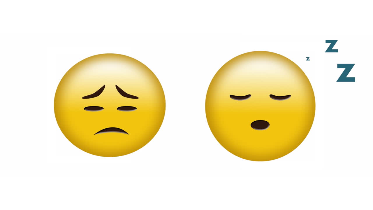 animación de iconos emoji tristes y durmientes sobre un fondo blanco
