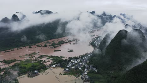 china natural disaster, flooding in yulong river mountain landscape, guangxi, aerial