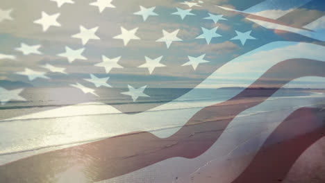 Digitale-Komposition-Der-Schwenkenden-US-Flagge-Vor-Der-Luftaufnahme-Von-Strand--Und-Meereswellen