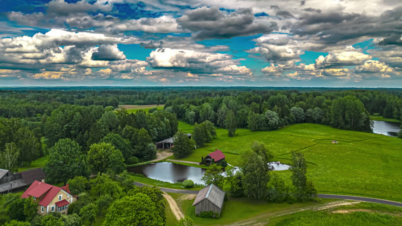 호수, 과 나무 의 시골 오두막 - 구름 풍경 공중 하이퍼 프