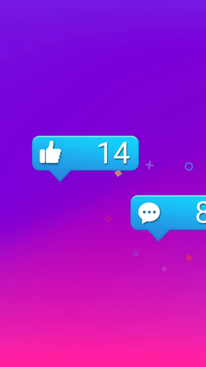 Animazione di reazioni di social media su sfondo rosa e viola
