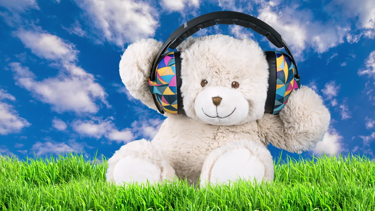 oso de peluche con auriculares en el césped