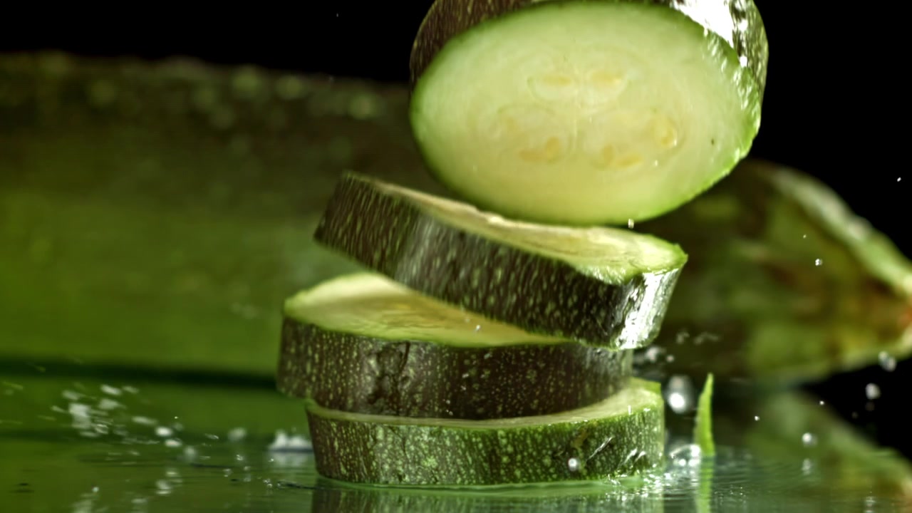 Fette fresche di zucchine che cadono e schizzano nell'acqua.