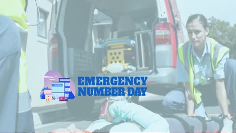 animation of emergency number day over diverse paramedics with patient and ambulance