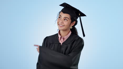 graduación, feliz o estudiante señalando a