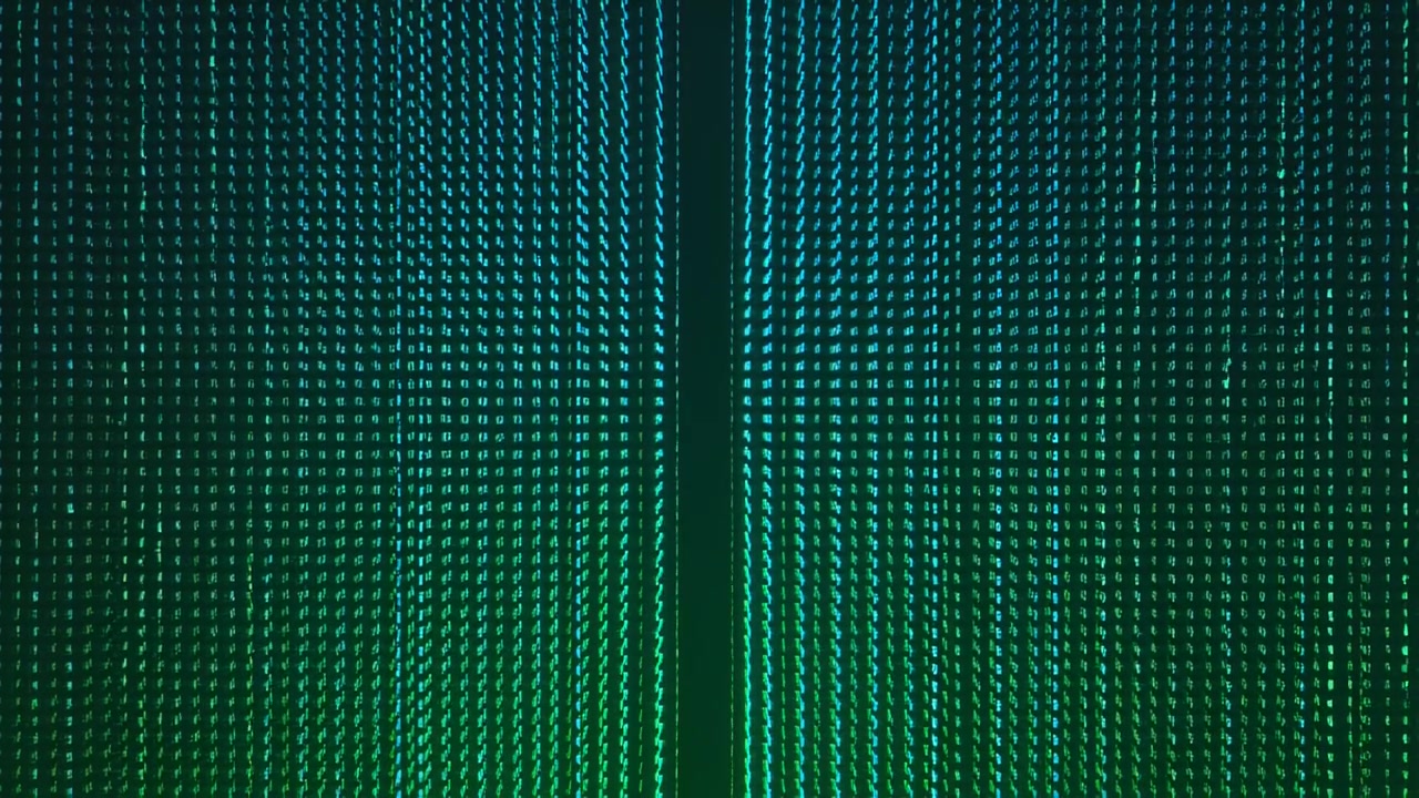 Pulsing LED panel after signal, shifting cyan and green nodes from central seam for gallery display
