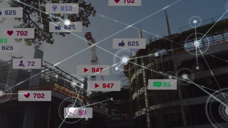 animation of network of connections with social media icons over building