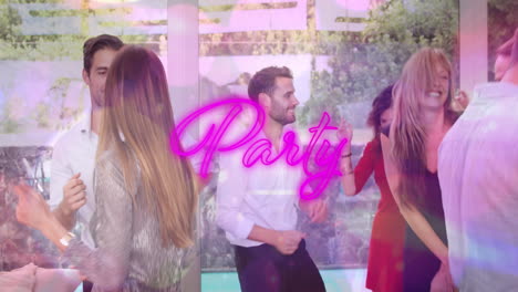 animación del texto de la fiesta sobre un grupo de amigos caucásicos sonrientes bailando en la fiesta