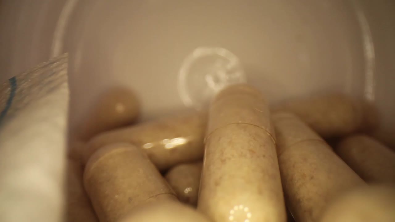 여전히 건조제가 들어 있는 보충 약병의 전체 길이에서 빠르게 이동