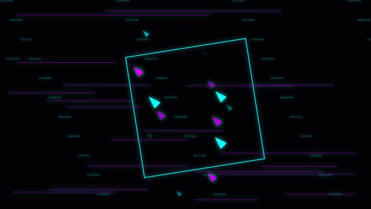 Abstract Digital Interface with Floating Geometric Shapes and Data Streams