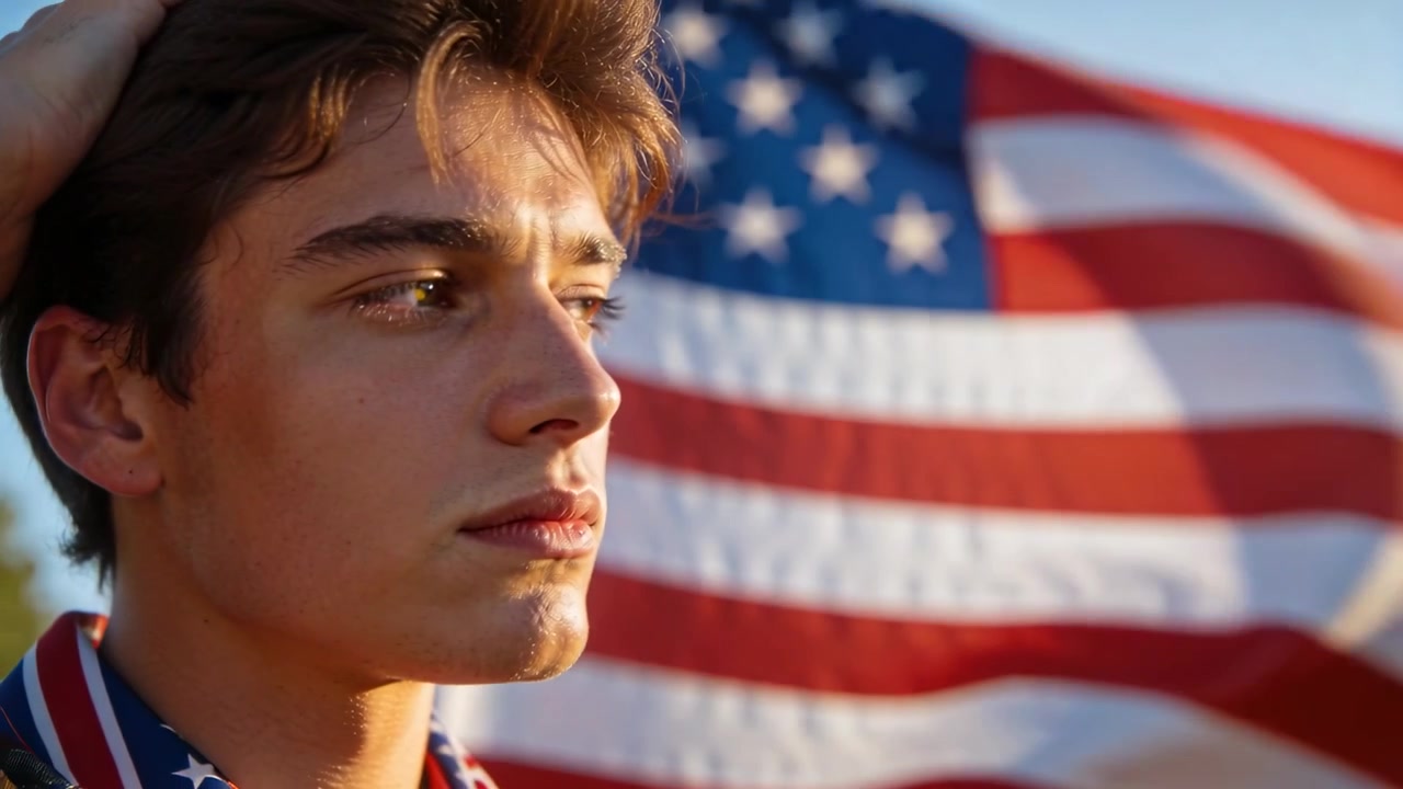 Un adolescente illuminato dal sole alza la mano, inclinando il viso verso la bandiera degli Stati Uniti sull'asta, con una bandana a tema bandiera.
