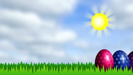 bright easter eggs on green grass under yellow sun. objects moving from right to left. cartoon intro for holiday with place for text. 4k video with alpha channel.