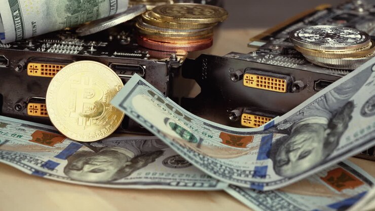 Composizione con bitcoin in criptovaluta dorati e argentati, dollari e schede di mining per computer grafica