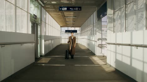 mujer caminando por un aeropuerto o una estación de tren