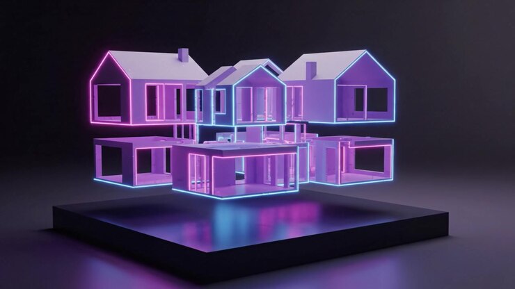 Uma Representação Futurista Deslumbrante de Casas com Detalhes em Neon, Apresentando um Conceito Inovador em Design Arquitetônico e Ambiente de Realidade Virtual.