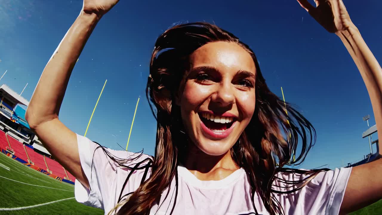 mulher feliz a torcer num jogo de futebol.