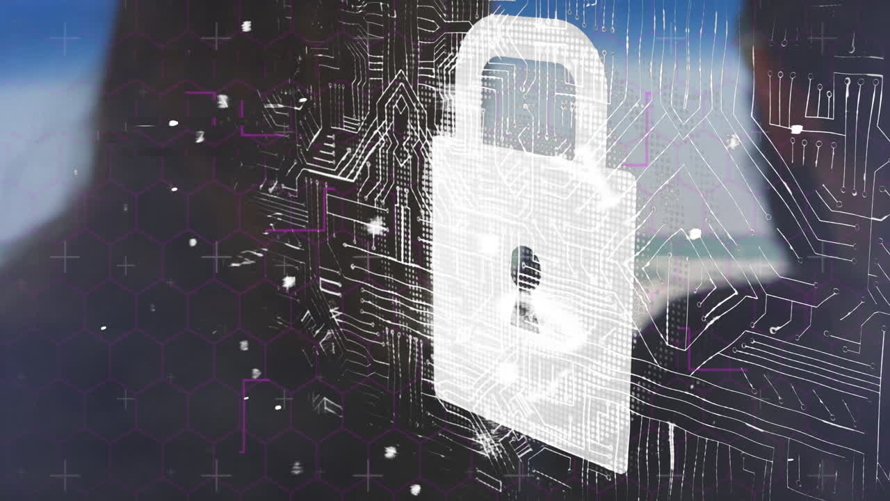 Hexagonal pattern and circuit animation overlaying person using computer in school