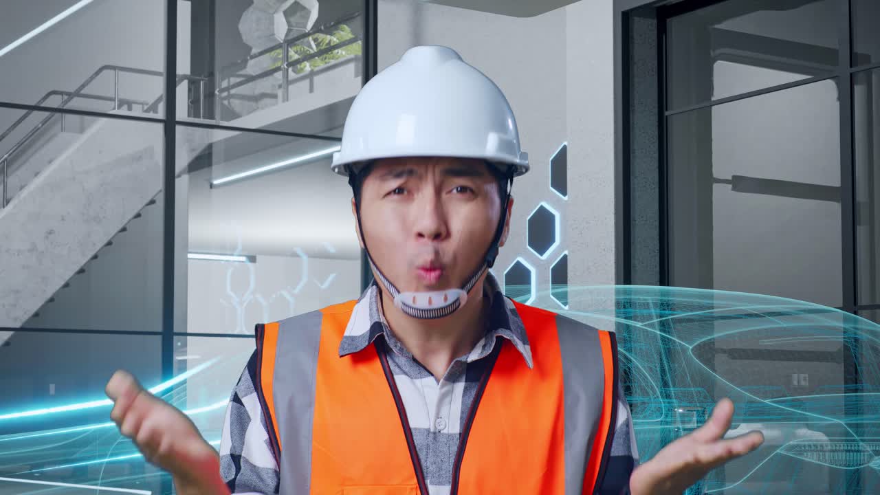 안전 헬을 입은 아시아 남성 엔지니어가 전기 차량의 개념과 첨단 산업 시설에 대해 의심스럽게 일하는 이유를 말합니다.