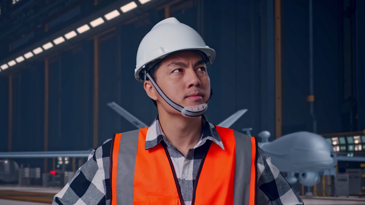 Primo piano di un ingegnere asiatico che indossa un casco di sicurezza, si guarda intorno e sta in piedi con le mani sui fianchi, accanto a un moderno drone militare in un hangar di manutenzione con illuminazione industriale.