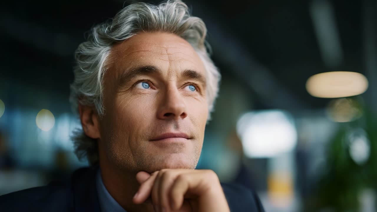 A Thoughtful Businessman Lost in Contemplation, Reflecting on Innovative Ideas for Future Success and Opportunities in a Modern Office Environment
