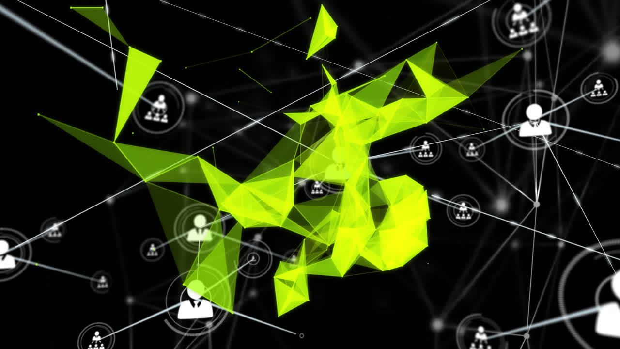 Animation of green geometric shapes with connected network icons and lines
