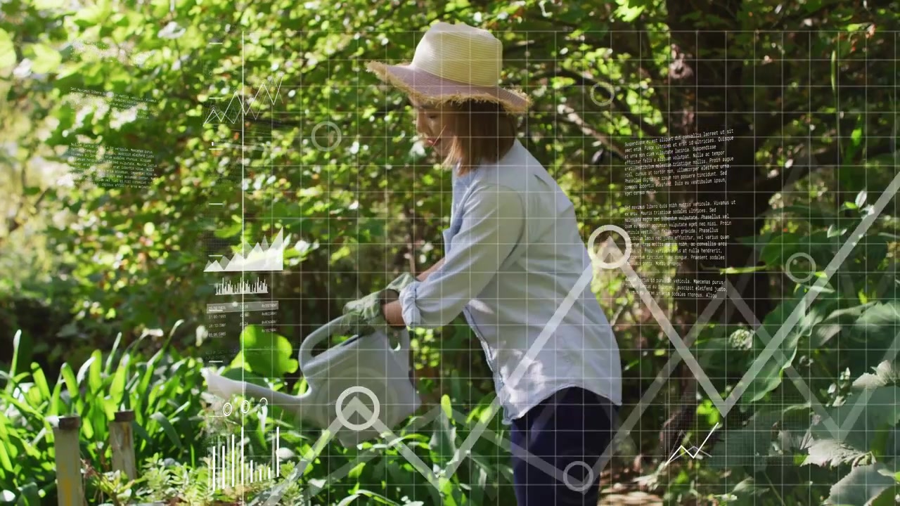 Un giardiniere inclina l'annaffiatoio e innaffia le piantine, nutrendo la crescita mentre grafici animati si sovrappongono alla scena.