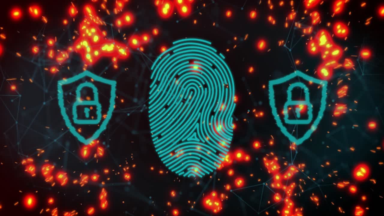 Cyan scan bar starting fingerprint forming, shields locking, embers pulsing for security