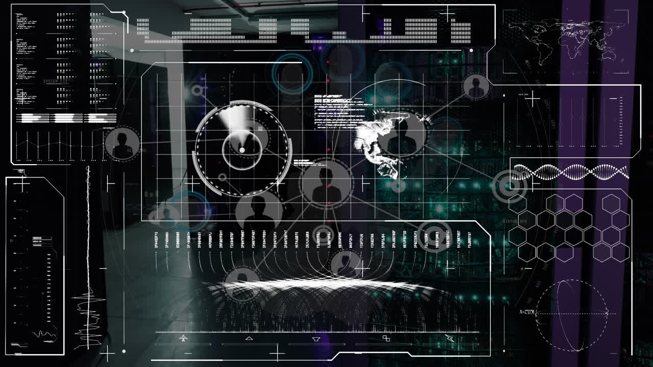Animation of data processing and network of connections over server room