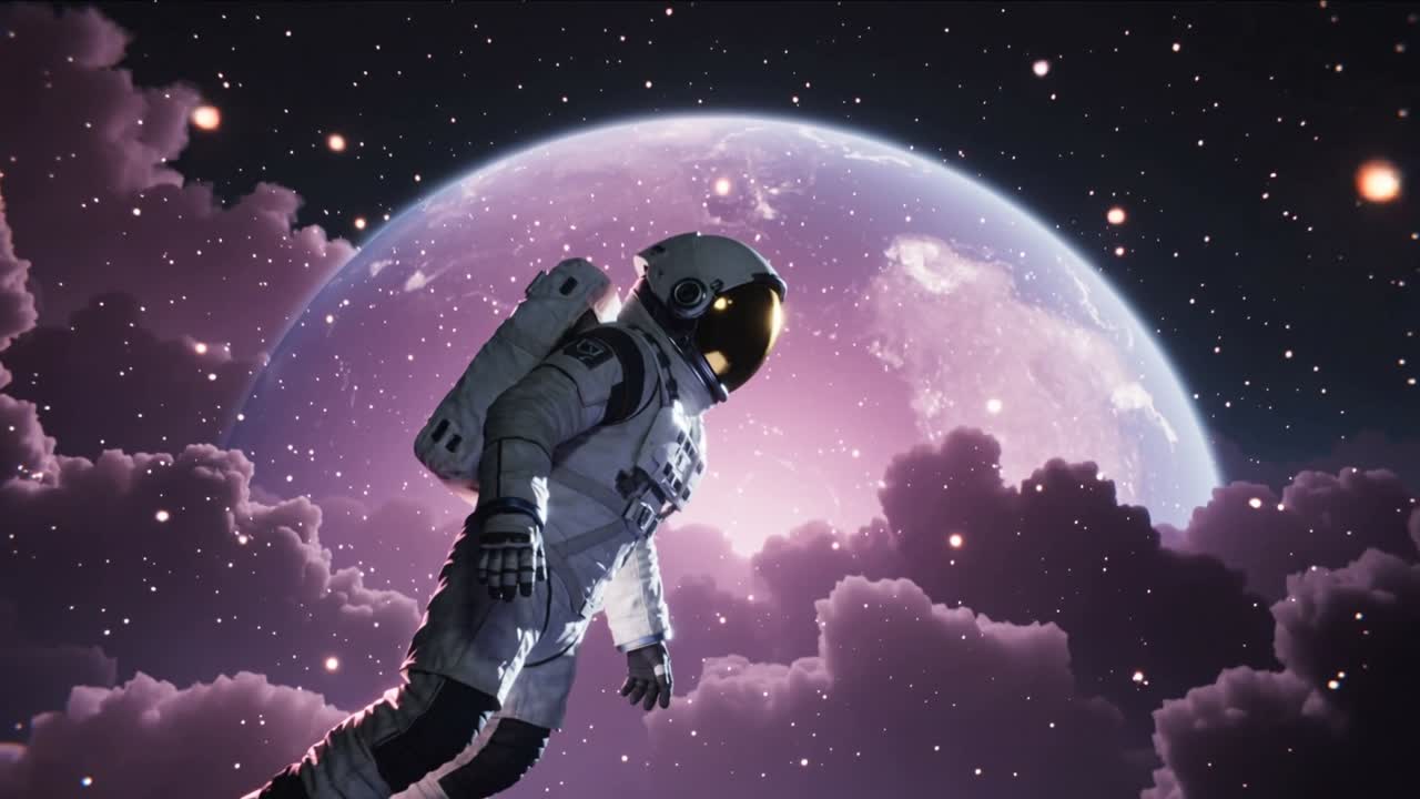 Sekvensen starter, drivende astronaut i rumdragt bevæger sig lige forbi en lyserød-lilla planet, guldvisir.
