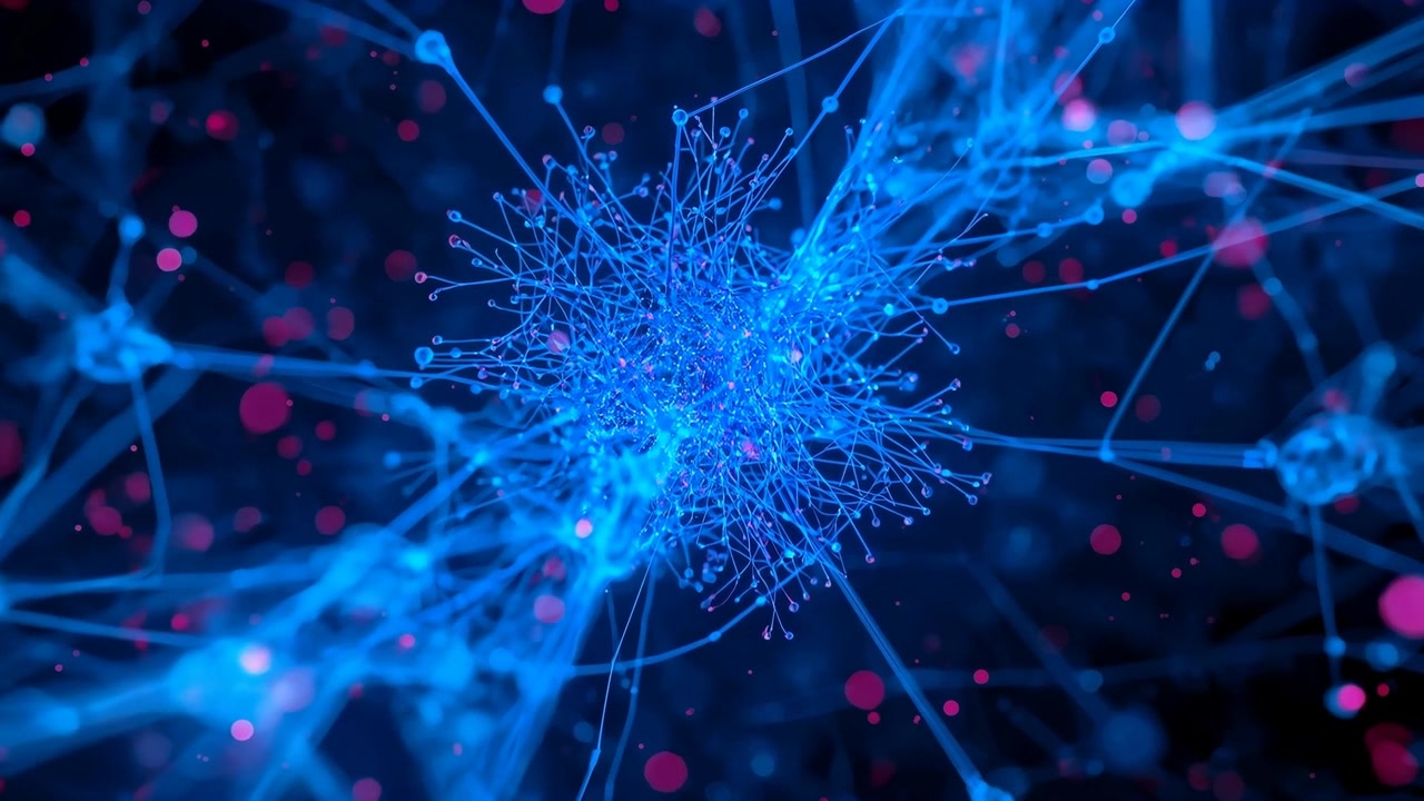 Moving camera causing blue fiber cluster pulsing in dark network showing detail with pink dots