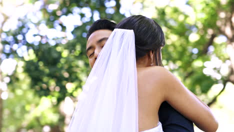 park, wedding and man and woman hug for marriage