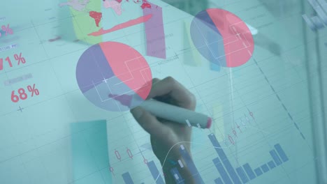 animation of statistical data processing against close up of hand writing on memo notes at office