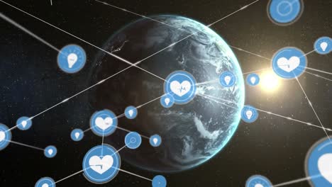 animation of icons connected with lines over rotating globe against sun in space