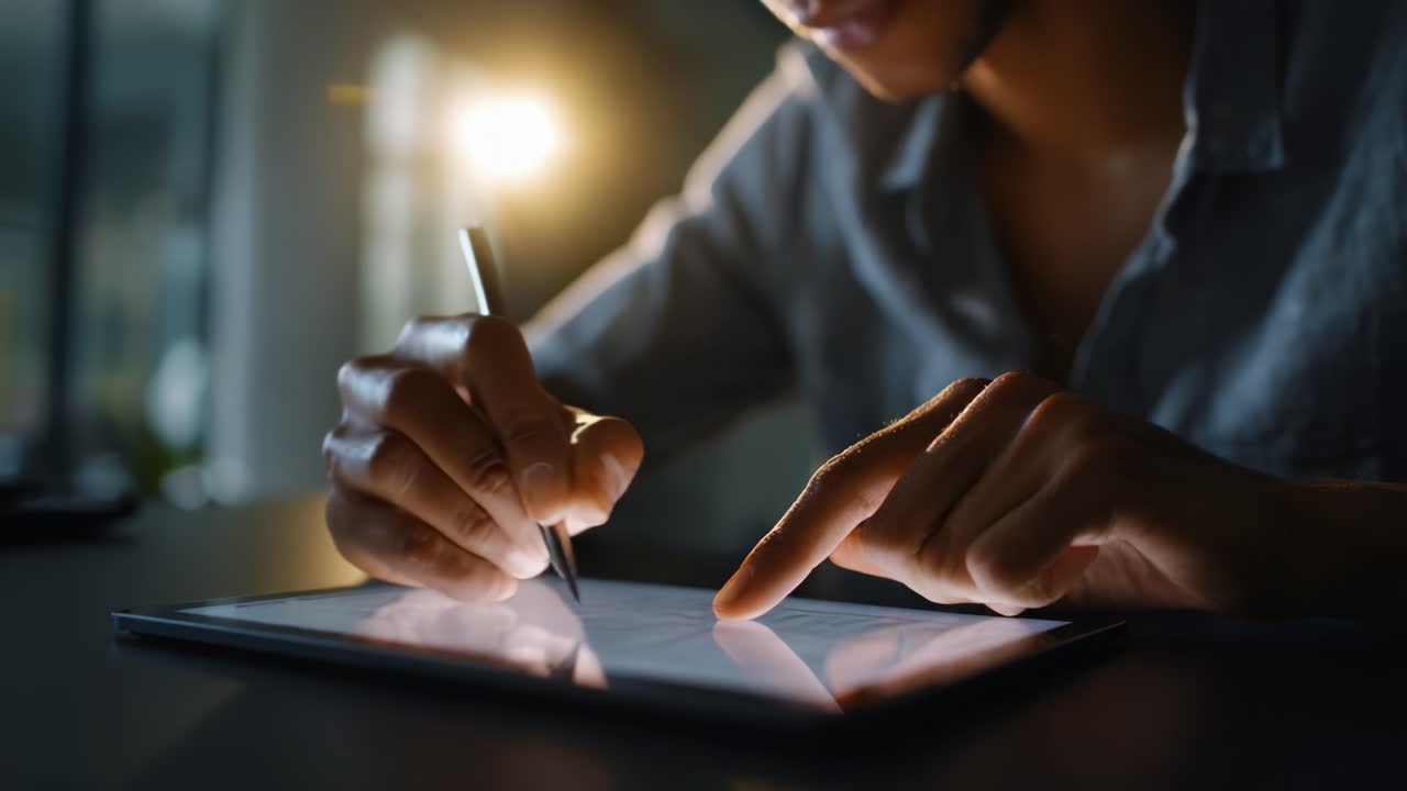 Gefocuste persoon die digitale creativiteit en nauwkeurigheid demonstreert tijdens het tekenen of schrijven op een touchscreen tablet met een stylus in een helder verlichte omgeving