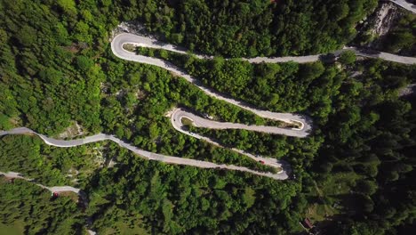 drone shot, top view, of a slovenian country road surrounded by a mountain forest