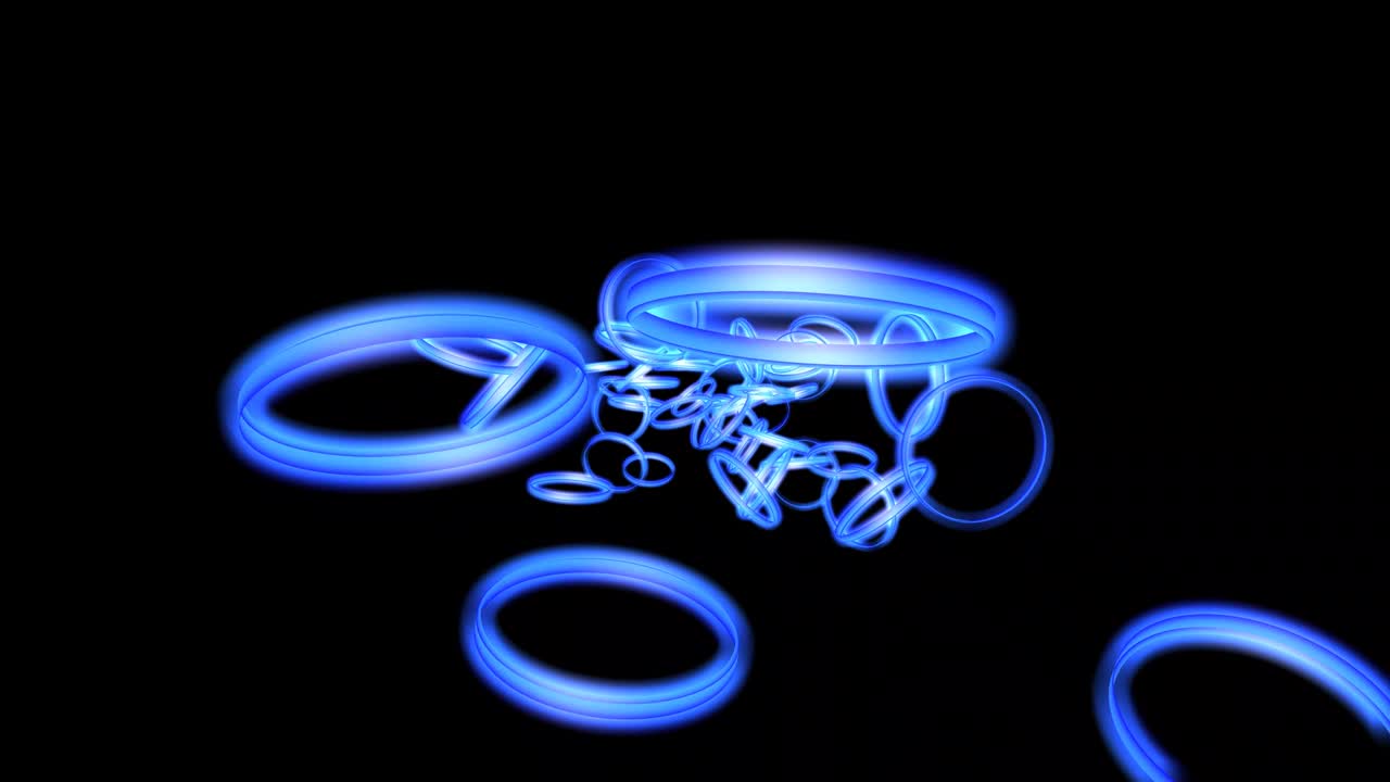 푸른 네온 원, 빛나는 움직이는 빛의 흐름, 모든 주위에, 검은 바탕에 추상적인 애니메이션.