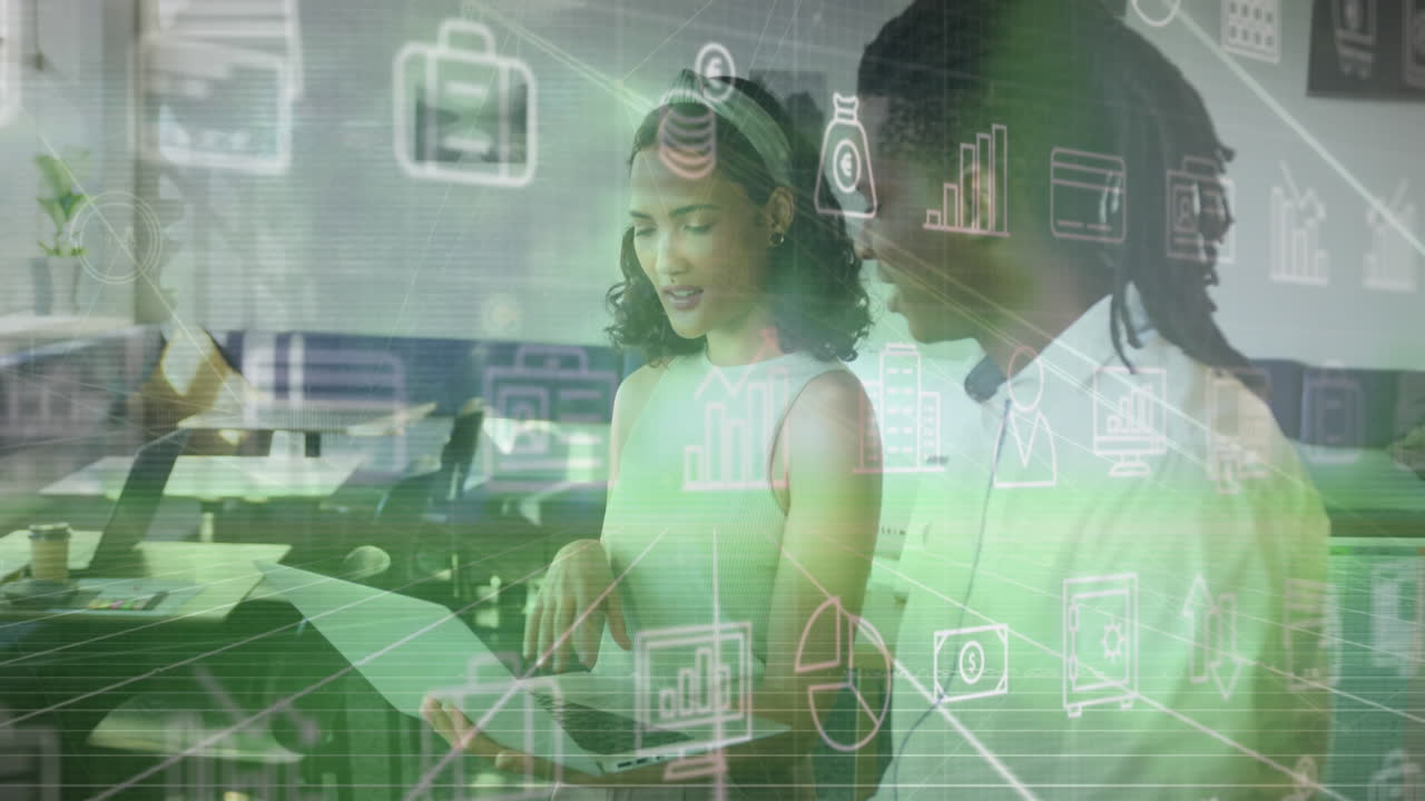 Animation of financial data processing over diverse business people working in office