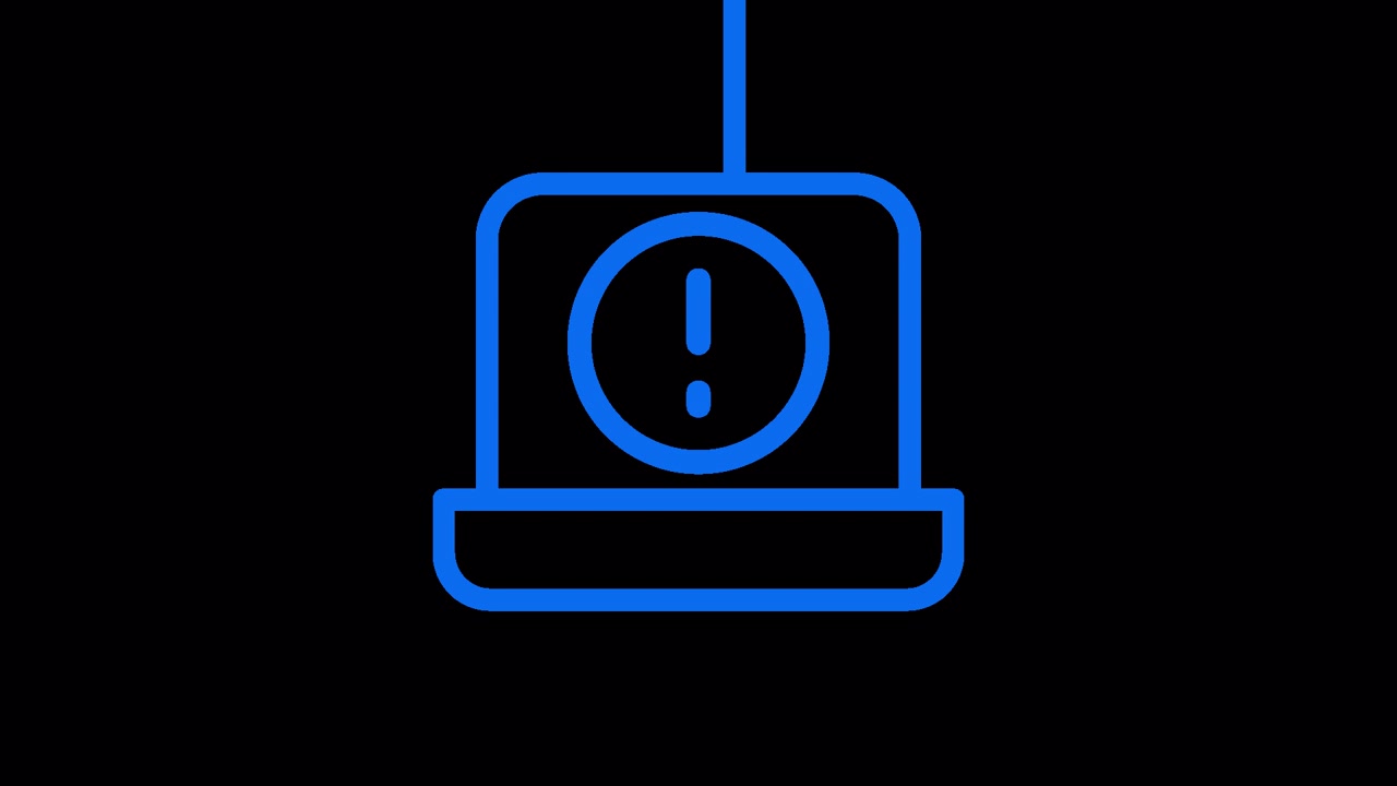 Blue Laptop Warning Icon with Hook Animation on Black Background
