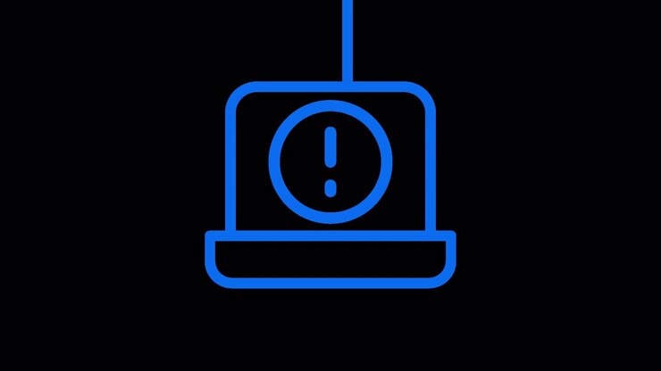 Blue Laptop Warning Icon with Hook Animation on Black Background