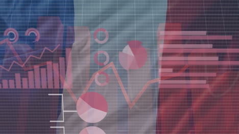 animation of statistics and data processing over waving flag of france