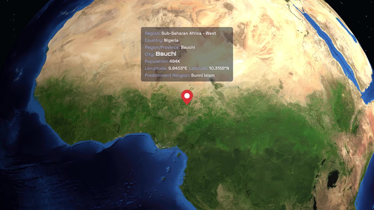 Digital earth rotation zooms into Bauchi Nigeria with data overlay and location pin marker