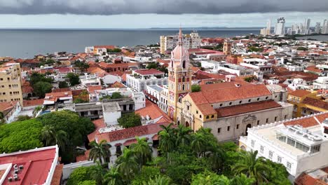 drone shot of cartagena, colombia. santa catalina cathedral and old town