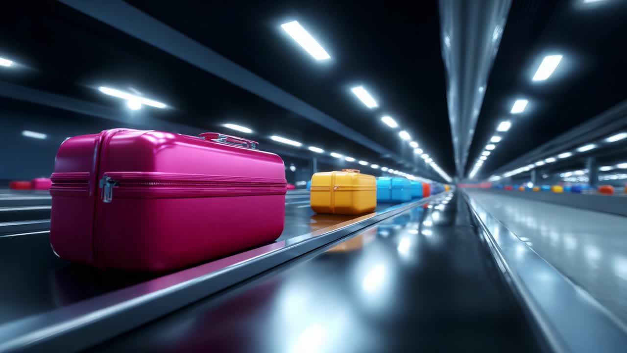 A vivid and dynamic scene of colorful suitcases traveling along an airport baggage carousel under bright lights, showcasing the journey of luggage in a bustling travel environment, capturing movement and anticipation